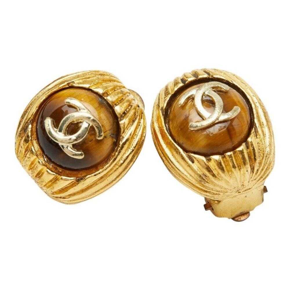 Chanel Vintage CC Logo Earrings Gold Plated Stone